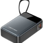 Vention 20000 mAh Power Bank (USB-C + USB-C/USB-A) with Built-in USB-C Cable 65 W Black LED Display